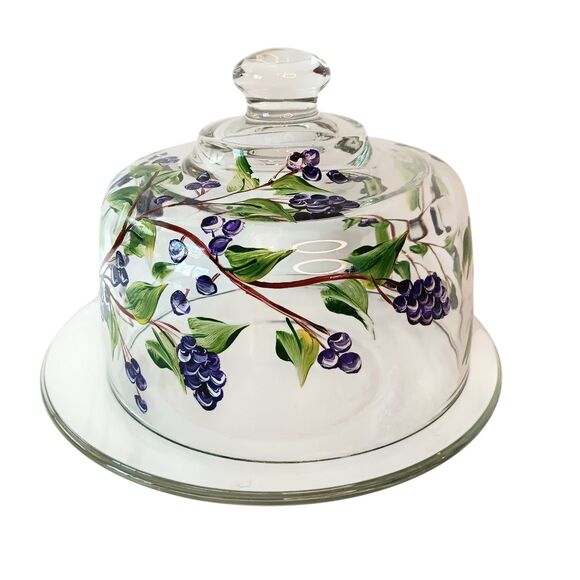 Glass Cheese Pastry Dome Handpainted Blueberry Floral Design With Glass Plate - Picture 3 of 13